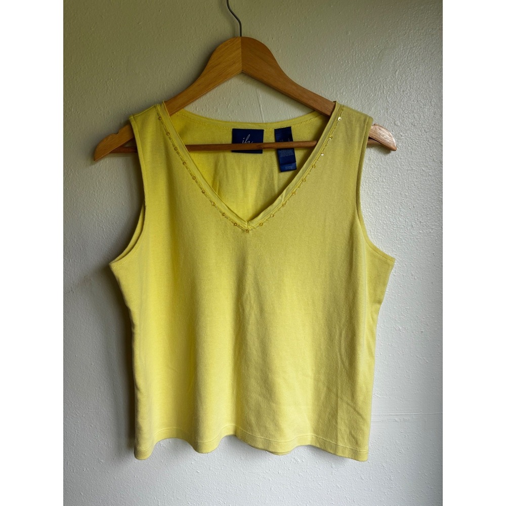 JH Collectibles Womens Yellow V-Neck Beaded Sequin Cotton Tank Top Size Large